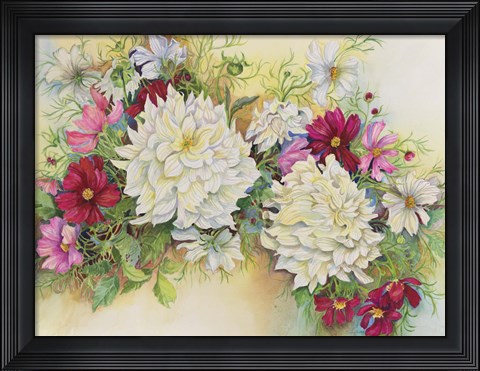 Framed White Dahlias And Cosmos Print