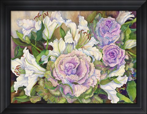Framed Lilies With Ornamental Cabbage Print