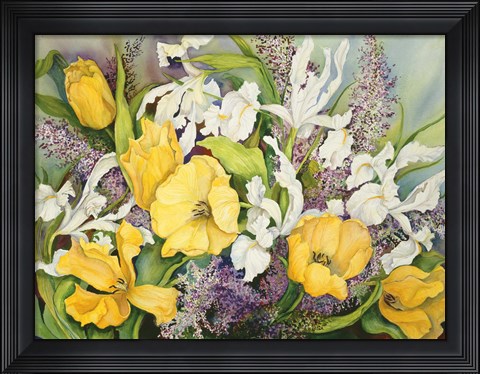 Framed Yellow Tulips, White Iris And Heather Print