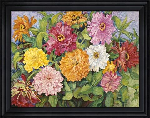 Framed Zinnias In A Pebbly Sky Print