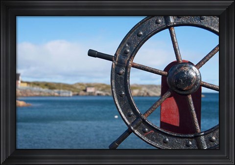 Framed Harbor and Boat Wheel Print