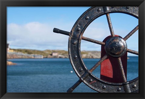 Framed Harbor and Boat Wheel Print