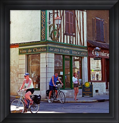 Framed Wine Shop and Cycling Tourists, Chablis, France Print