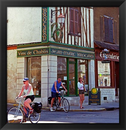 Framed Wine Shop and Cycling Tourists, Chablis, France Print