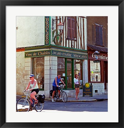 Framed Wine Shop and Cycling Tourists, Chablis, France Print