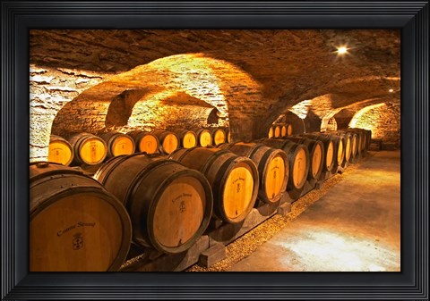 Framed Oak Barrels in Cellar at Domaine Comte Senard Print