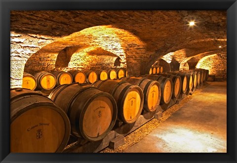 Framed Oak Barrels in Cellar at Domaine Comte Senard Print