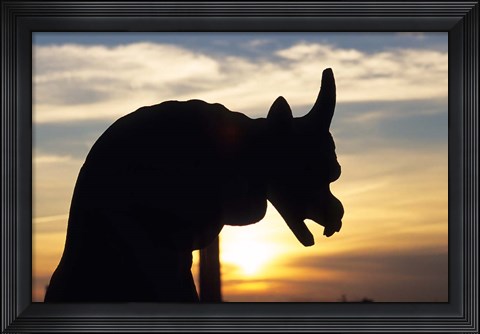 Framed Chimera of Notre Dame Cathedral at Sunset Print