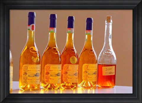 Framed Bottles of Disznoko Winery, Tokaj, Hungary Print