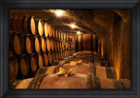 Framed Wooden Barrels with Aging Wine in Cellar Print