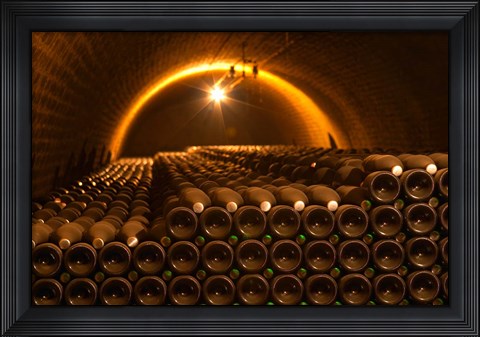 Framed Champagne Bottles in Vaulted Cellar Print