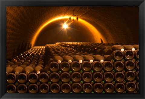 Framed Champagne Bottles in Vaulted Cellar Print