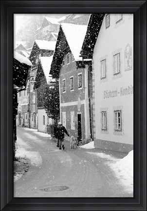 Framed Snowy Street in Hallstat, Austria Print