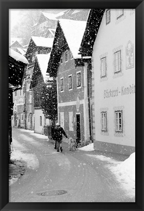 Framed Snowy Street in Hallstat, Austria Print