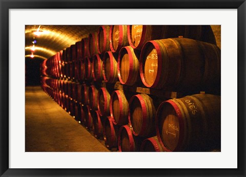 Framed Barrels of Tokaj Wine in Disznoko Cellars, Hungary Print