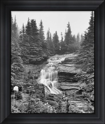 Framed Waterfall Over Rock With Wildflowers Print