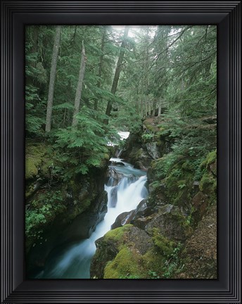 Framed Daytime Falls And Mossy Greenery Print