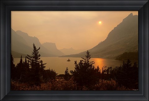 Framed Sunset Silhouettes On The Lake Print