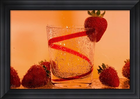 Framed Strawberries And Red Swirl Glass Print