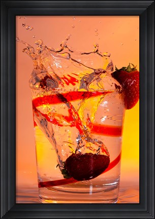 Framed Strawberry Splash In Red Swirl Glass II Print