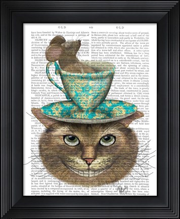 Framed Cheshire Cat with Cup on Head Print