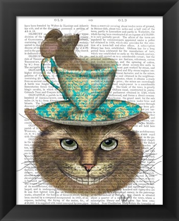Framed Cheshire Cat with Cup on Head Print