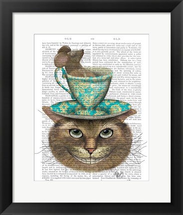 Framed Cheshire Cat with Cup on Head Print