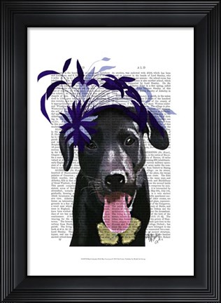 Framed Black Labrador With Blue Fascinator Print