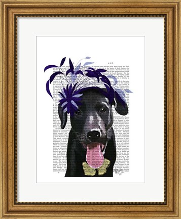 Framed Black Labrador With Blue Fascinator Print