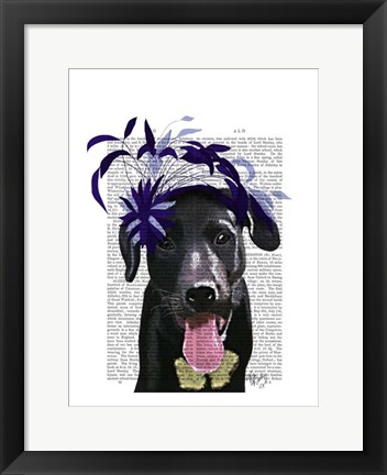 Framed Black Labrador With Blue Fascinator Print