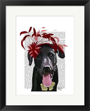 Framed Black Labrador With Red Fascinator Print