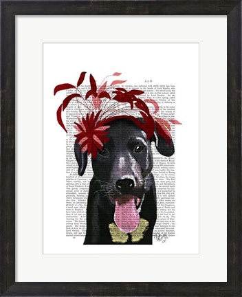 Framed Black Labrador With Red Fascinator Print