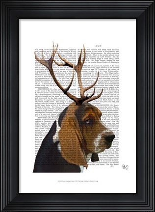 Framed Basset Hound and Antlers I Print
