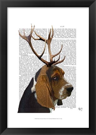 Framed Basset Hound and Antlers I Print