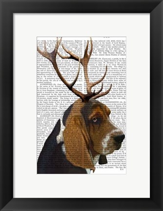Framed Basset Hound and Antlers I Print