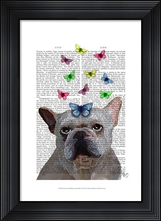 Framed White French Bulldog and Butterflies Print