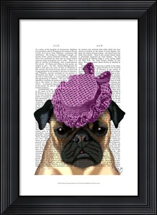 Framed Pug with Vintage Purple Hat Print