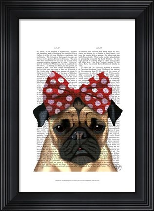 Framed Pug with Red Spotty Bow On Head Print