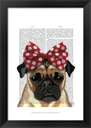 Framed Pug with Red Spotty Bow On Head Print