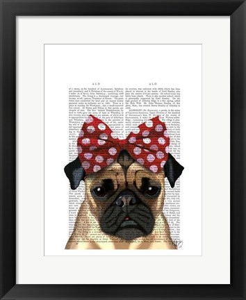 Framed Pug with Red Spotty Bow On Head Print