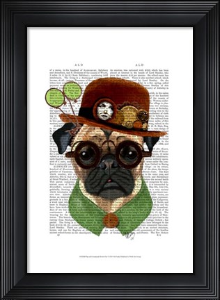 Framed Pug with Steampunk Bowler Hat Print