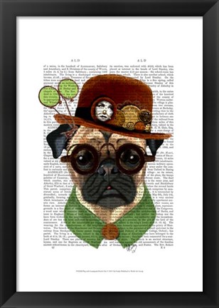Framed Pug with Steampunk Bowler Hat Print