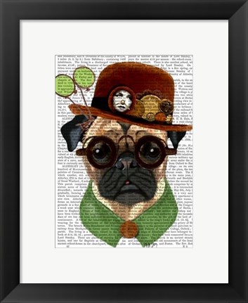 Framed Pug with Steampunk Bowler Hat Print