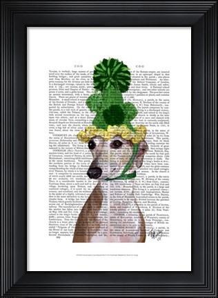 Framed Greyhound in Green Knitted Hat Print