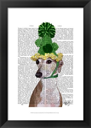 Framed Greyhound in Green Knitted Hat Print