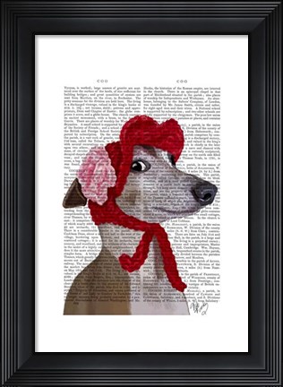 Framed Greyhound with Red Woolly Hat Print