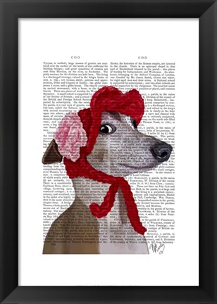 Framed Greyhound with Red Woolly Hat Print