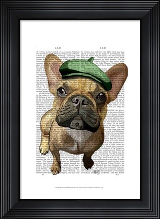 Framed Brown French Bulldog with Green Hat Print
