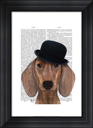 Framed Dachshund with Black Bowler Hat Print
