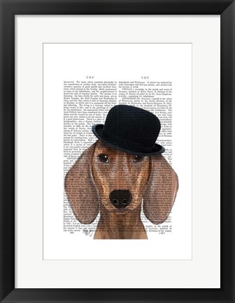 Framed Dachshund with Black Bowler Hat Print